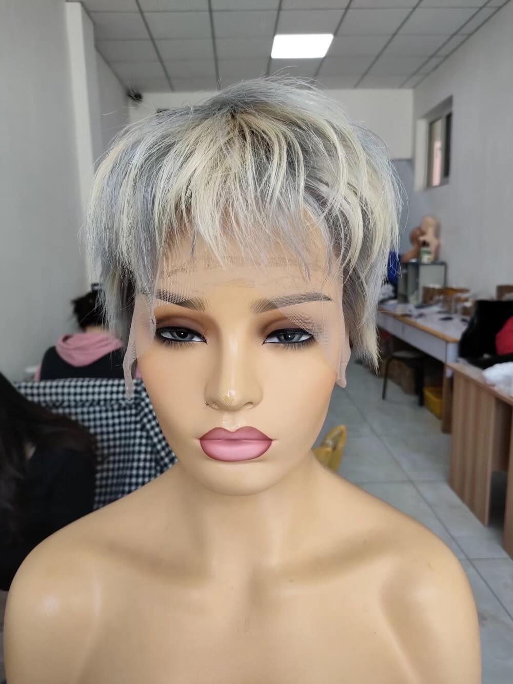 blonde mix gray short pixie cut lace wig