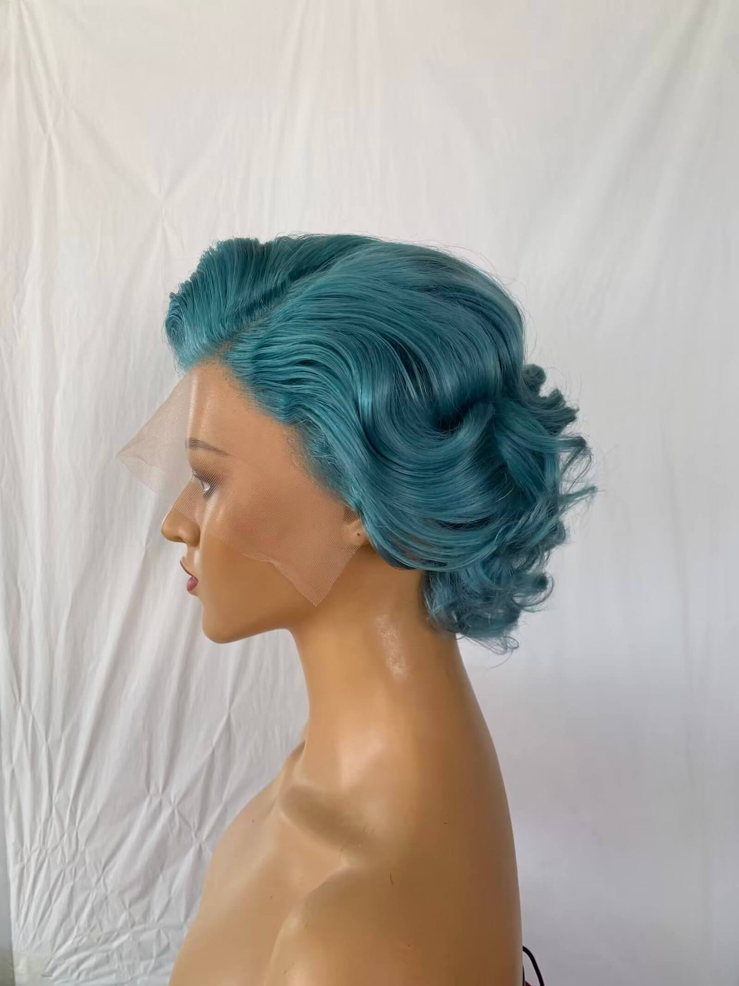 blue color short pixie cut lace frontal wig wave