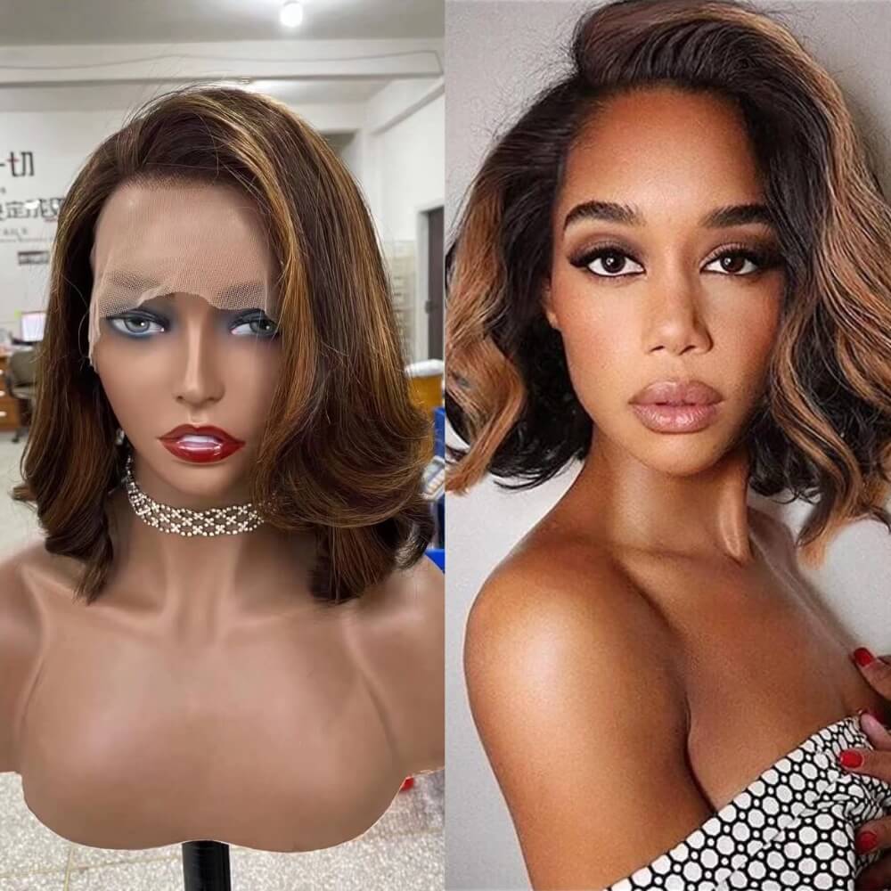 Brown Highlight Human Hair Lace Wig Wavy Middle Length for African American-main