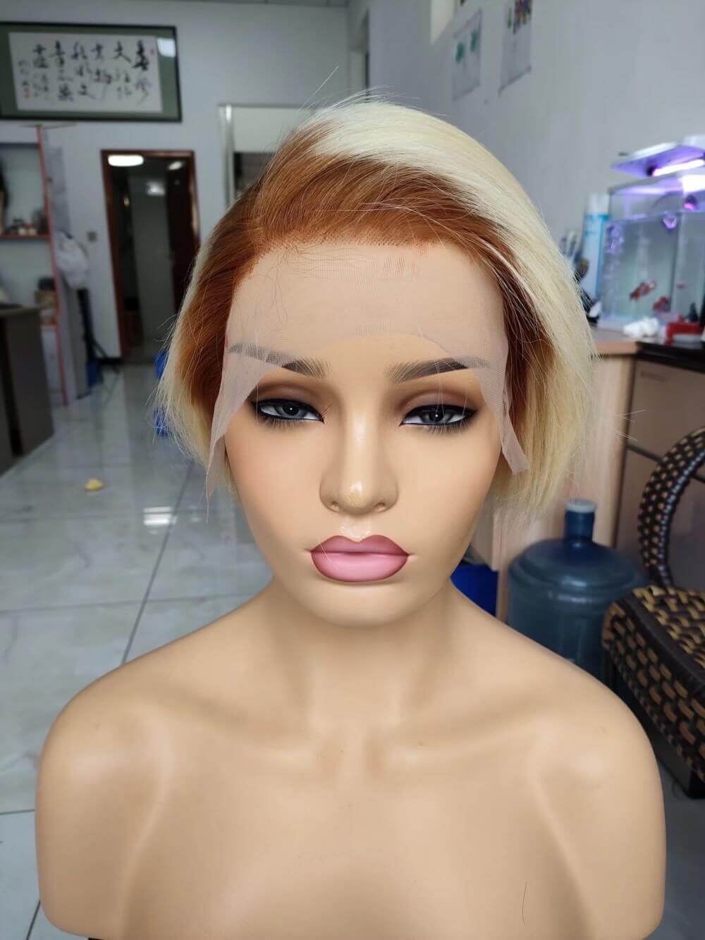 brown ombre blonde color pixie cut lace wig