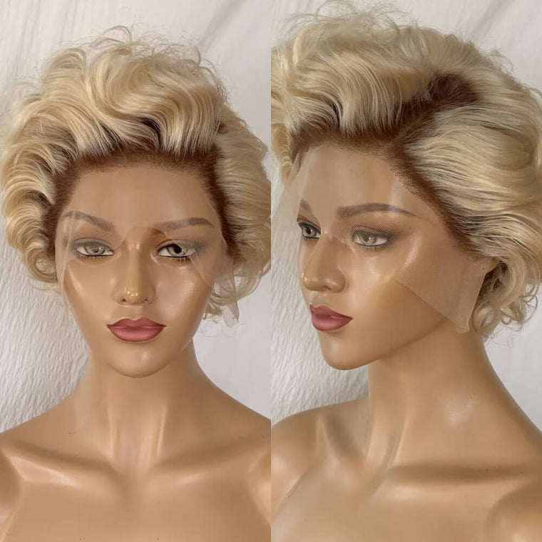 Brown Ombre Blonde Curly Pixie Cut Wig Human Hair Lace Frontal