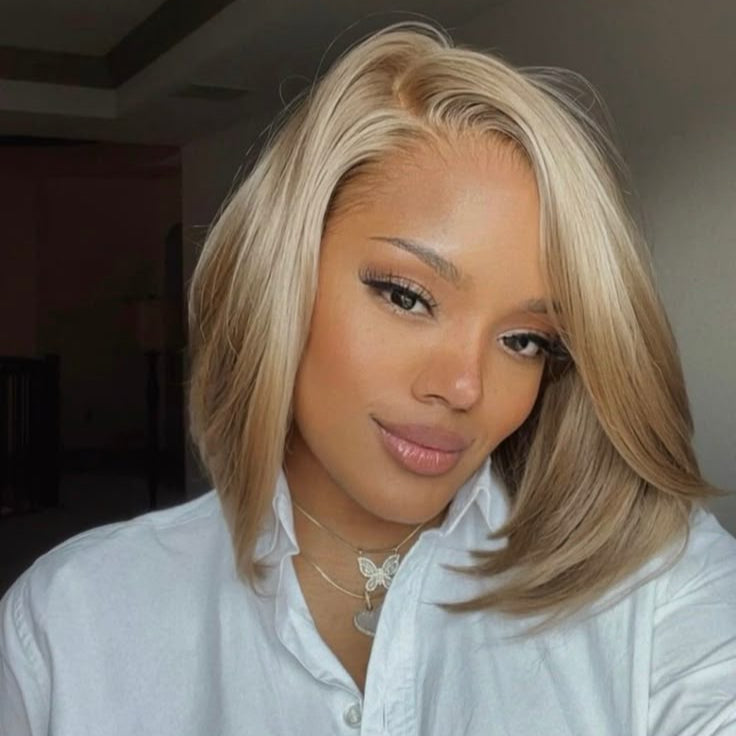 Blonde Highlight Pixie Cut Bob Wig Lace Frontal Human Hair for African American