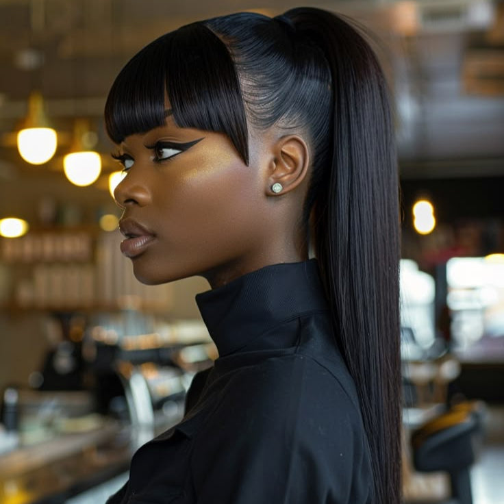 18inch YAKI Straight Long Drawstring Pony Tail with Swoop Fringe Hair Piece Extension Bang Ponytail for Black Women
