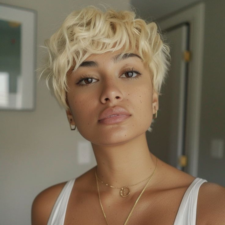 Short Blonde Pixie Cut with Bangs Lace Frontal 13x6 Brazilian Hair for Black Women