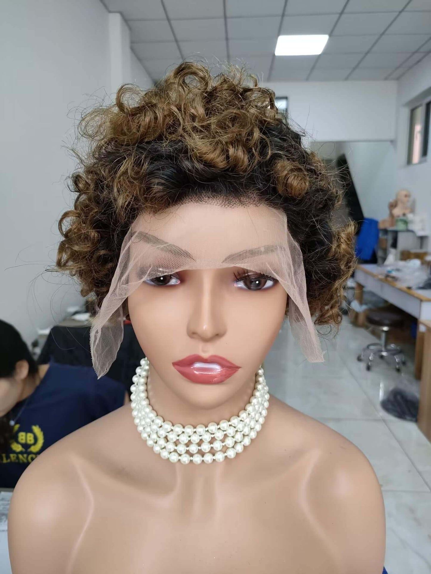 dark brown ombre black curly pixie cut human hair wig