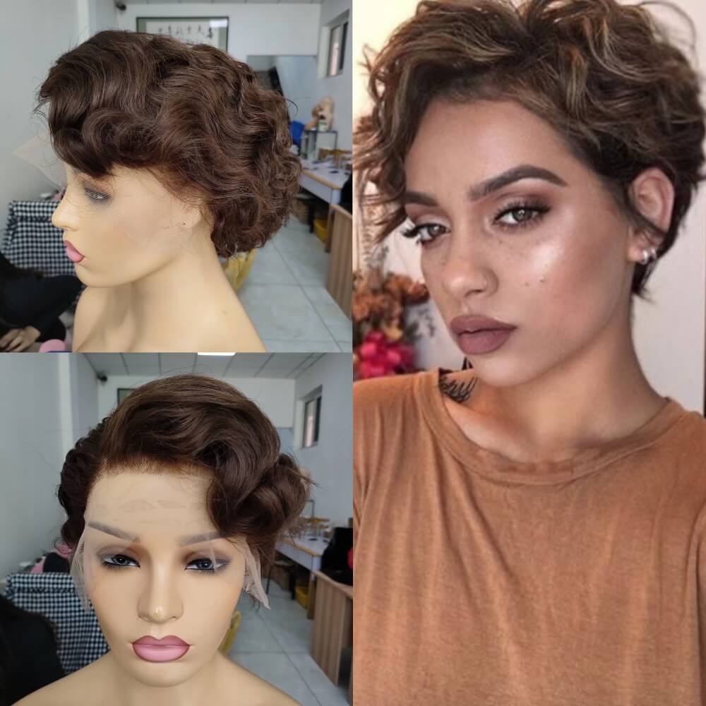 dark brown pixie cut lace wig wave