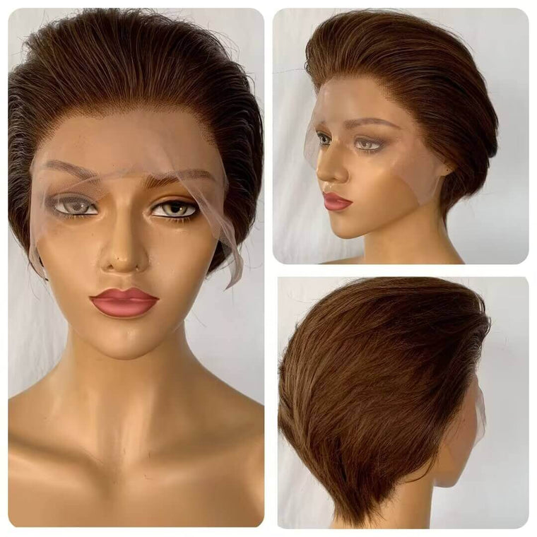 Dark Brown Straight Pixie Cut Wig Human Hair for African American