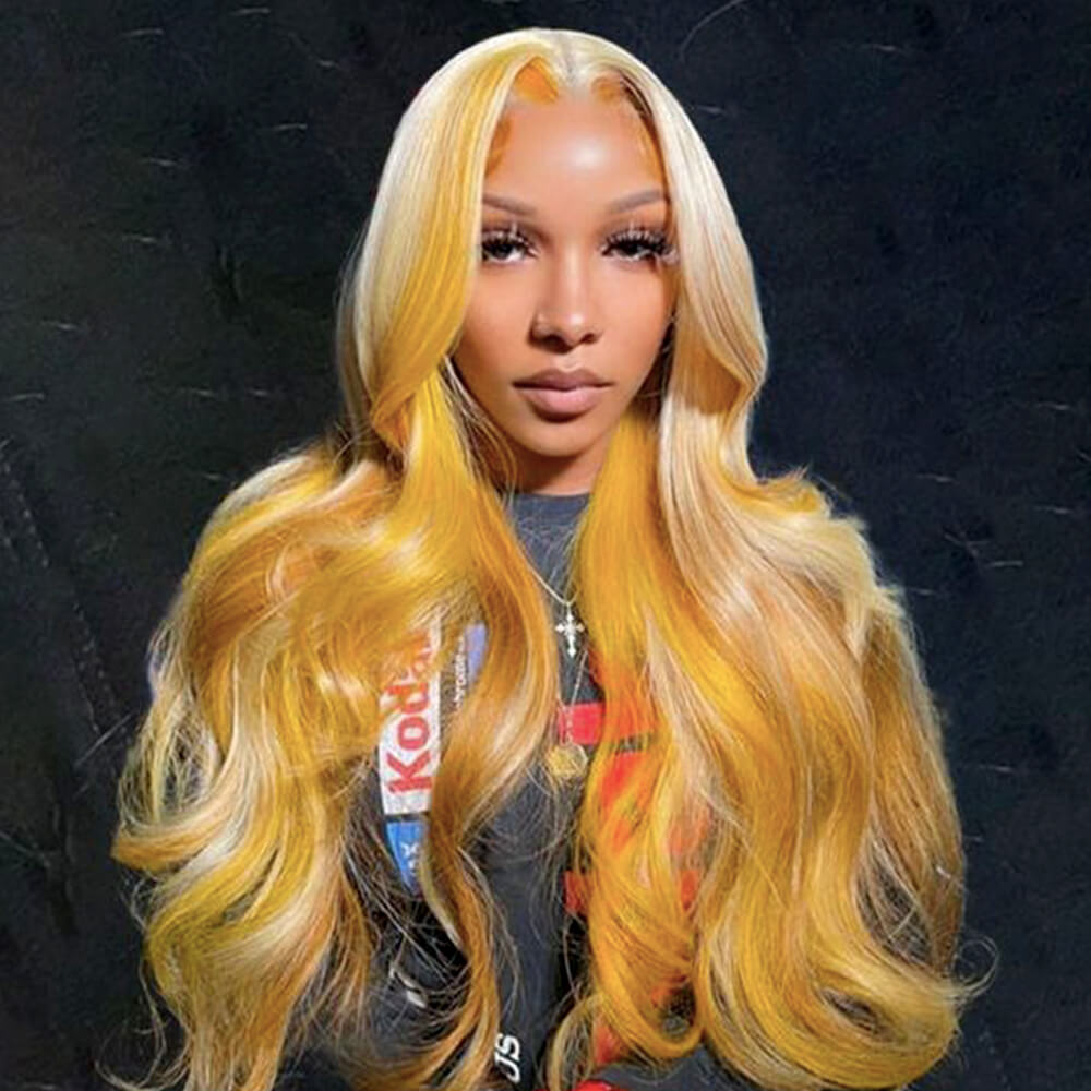 Blonde Loose Wave Wig with Brown Highlight Human Hair Lace Frontal for African American-model