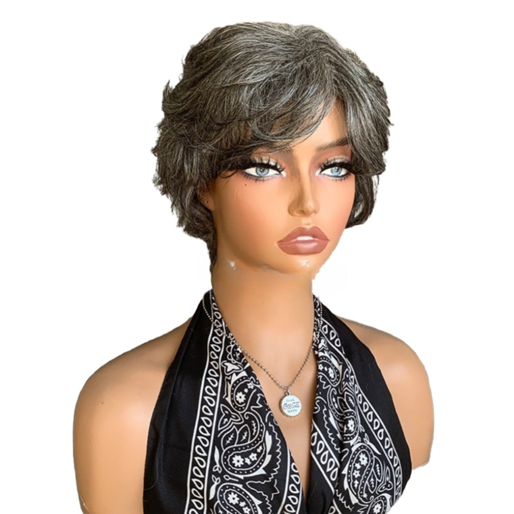 Short Salt and Pepper Wigs Human Hair Pixie Cut Wig for Black Women