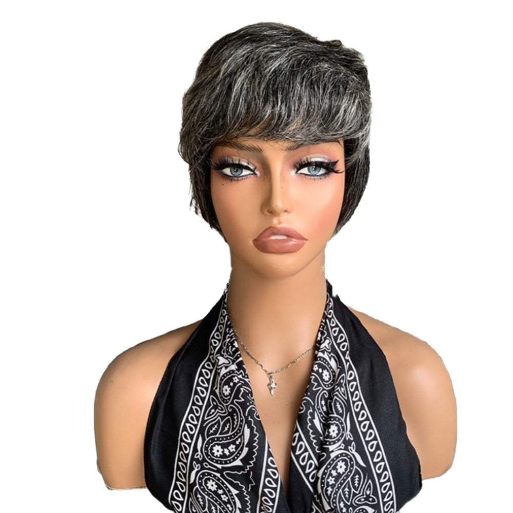 Dark Salt and Pepper Wigs Human Hair Straight Grey Pixie Cut for Black Women