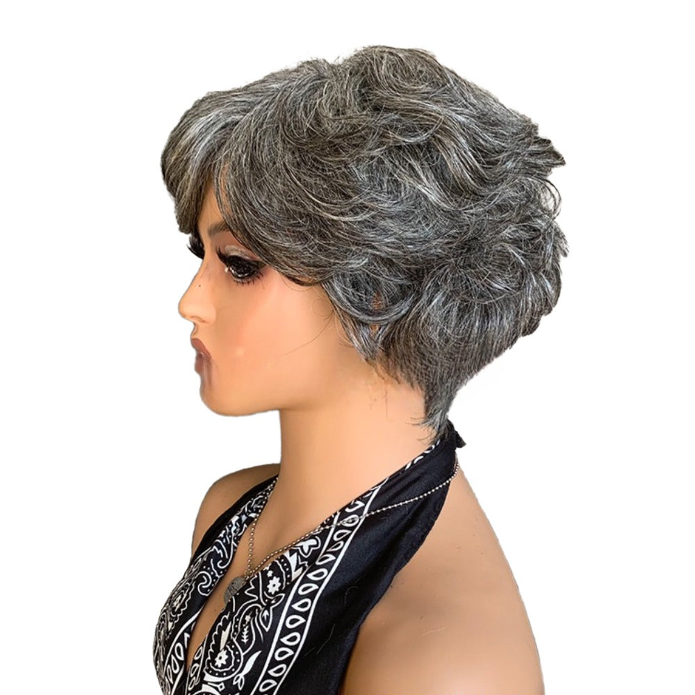 Short Salt and Pepper Wigs Human Hair Pixie Cut Wig for Black Women
