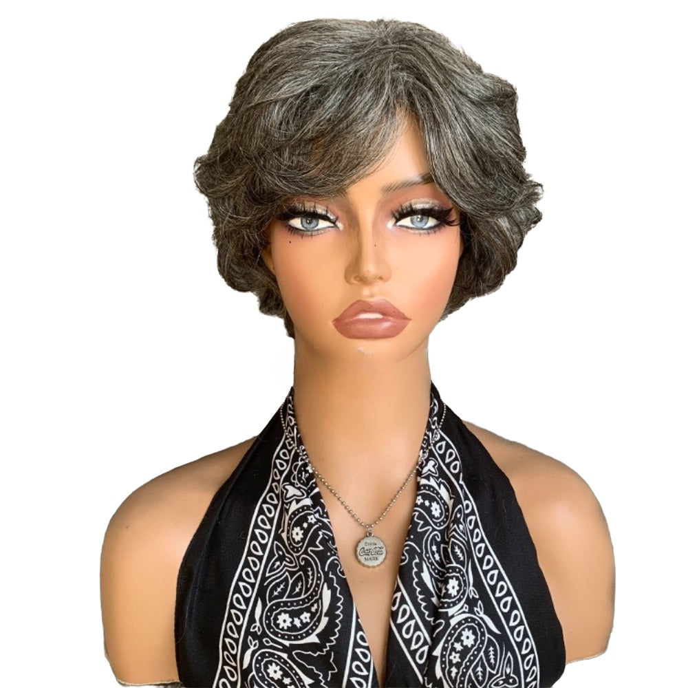 Short Salt and Pepper Wigs Human Hair Pixie Cut Wig for Black Women