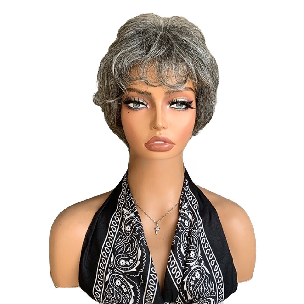 Short Salt and Pepper Wigs Human Hair Grey Pixie Cut with Bangs for Black Women