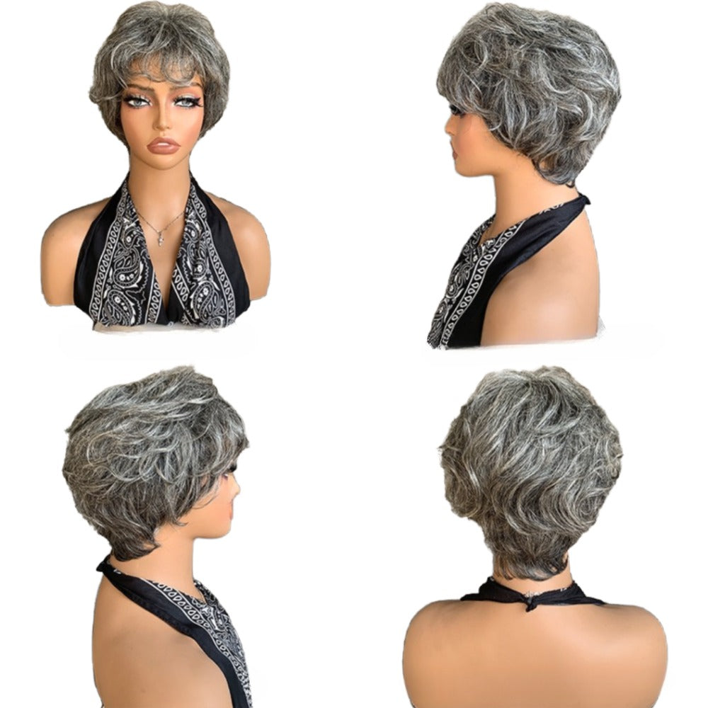 Short Salt and Pepper Wigs Human Hair Grey Pixie Cut with Bangs for Black Women