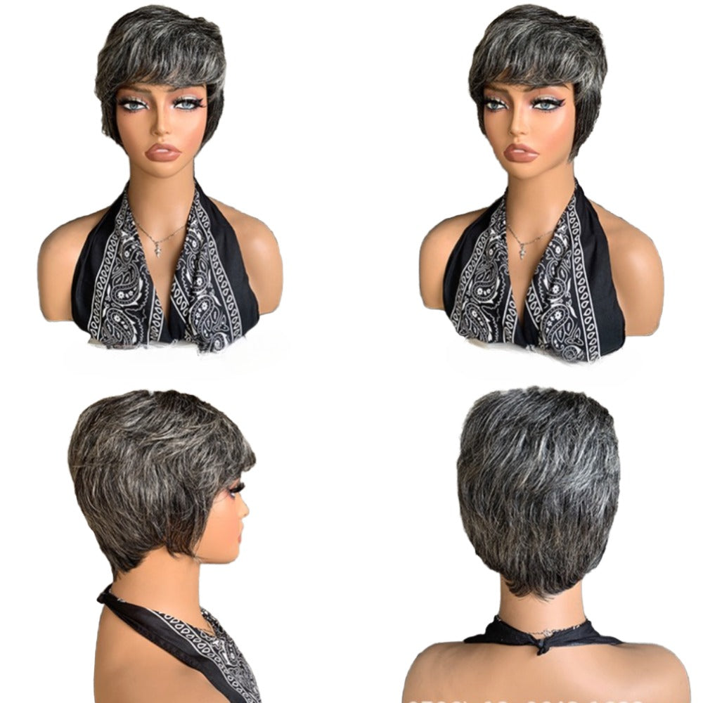 Dark Salt and Pepper Wigs Human Hair Straight Grey Pixie Cut for Black Women