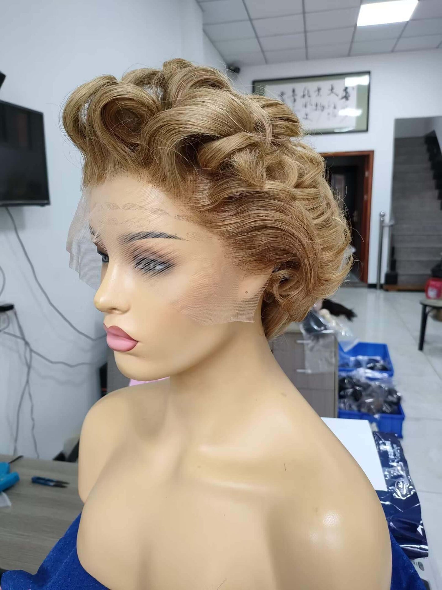 light brown color curly pixie cut human hair wig