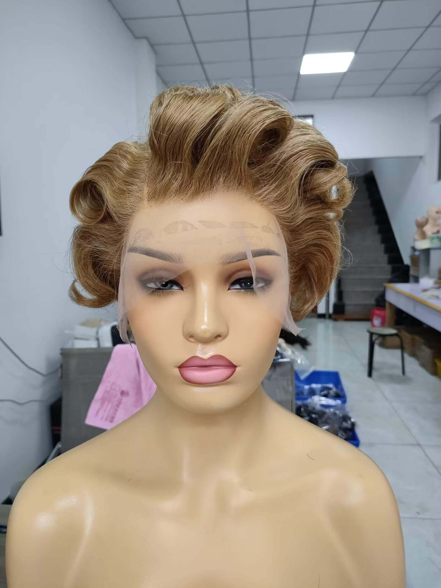 light brown color curly pixie cut wig human hair