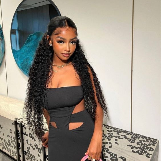 Water Wave Human Hair Lace Frontal Wig Black Color Free Part for Black Women