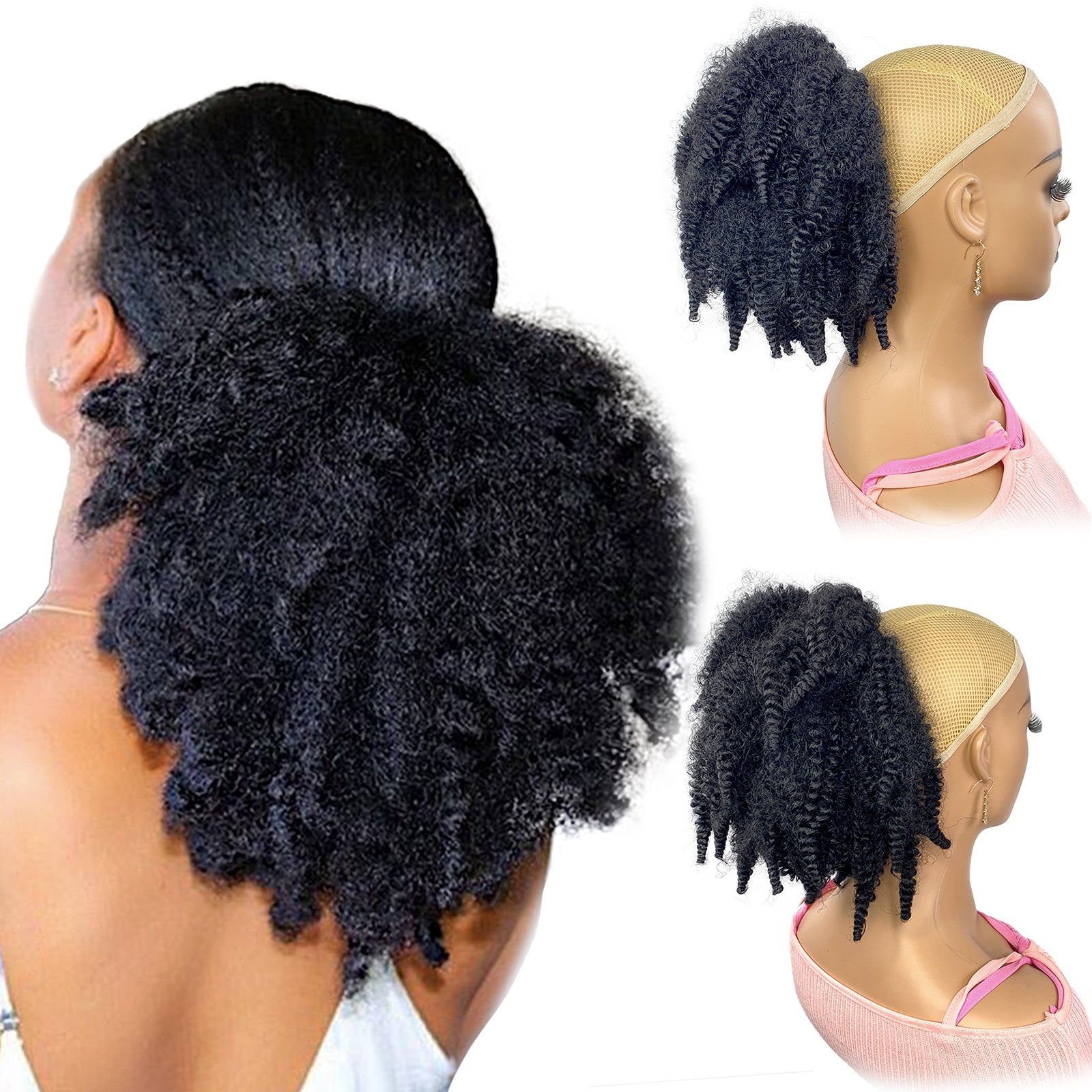 Short Marley Hair Drawstring Ponytail Black 4C Afro Puff Bun