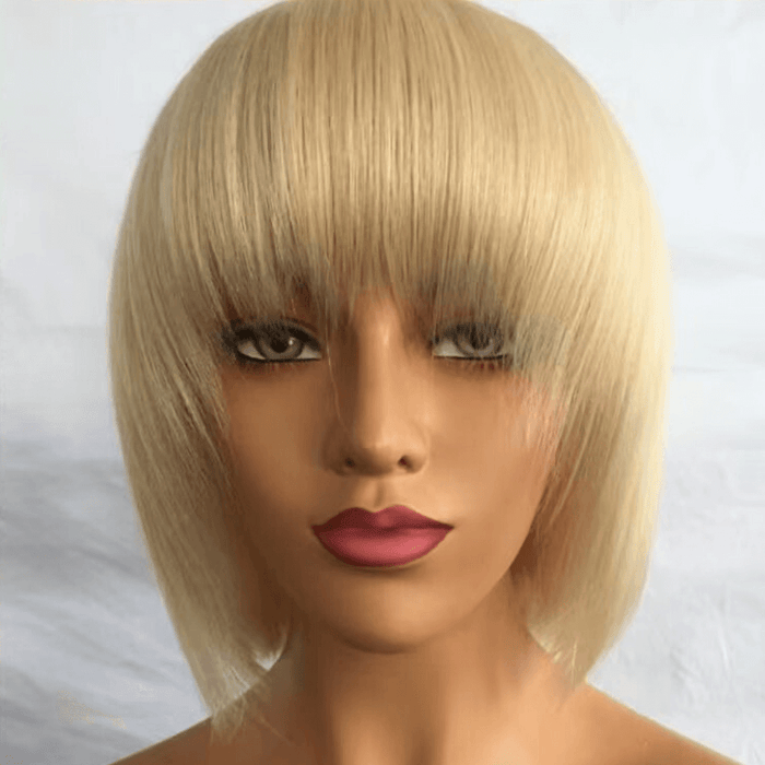 Short Blonde bob Wig with Bangs Human Hair Lace frontal Wig 13x4-2