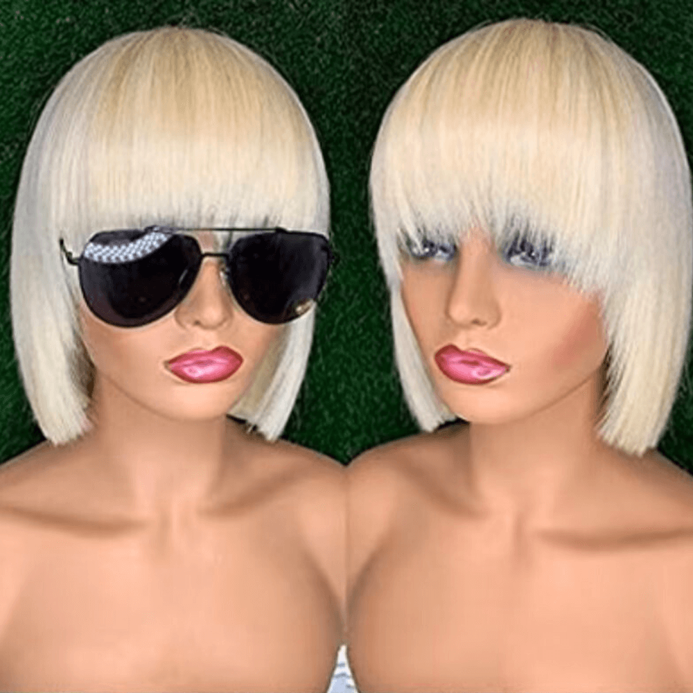 Short Blonde bob Wig with Bangs Human Hair Lace frontal Wig 13x4-1