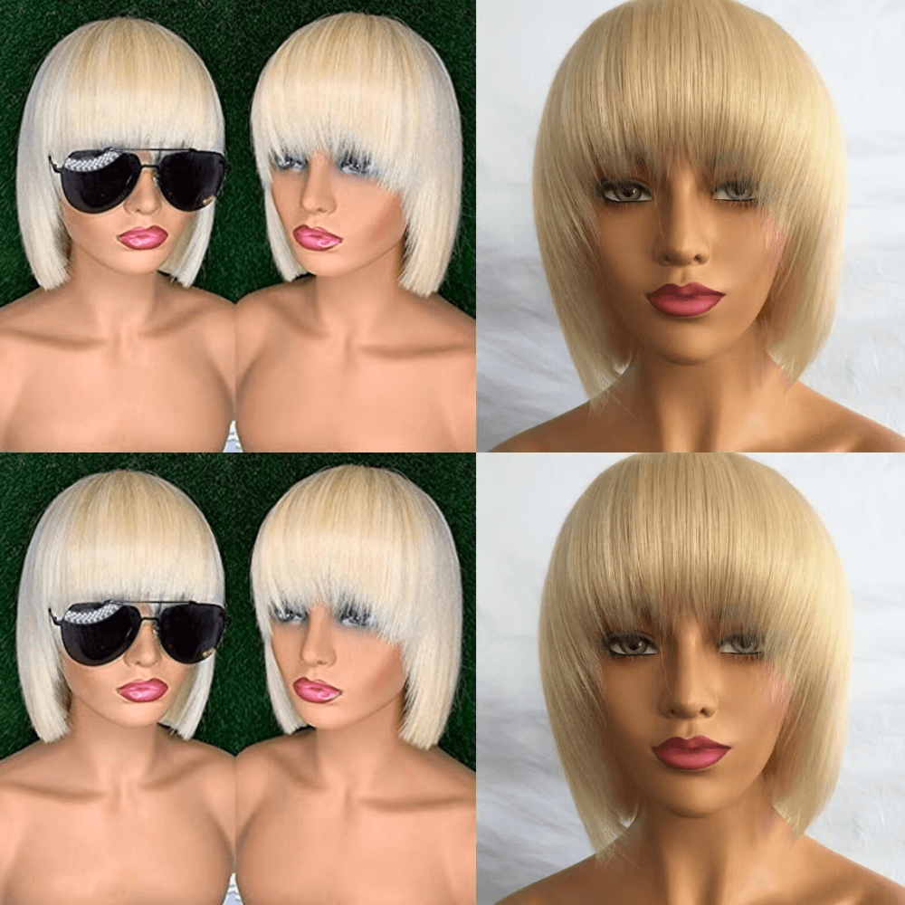 Short Blonde bob Wig with Bangs Human Hair Lace frontal Wig 13x4-3