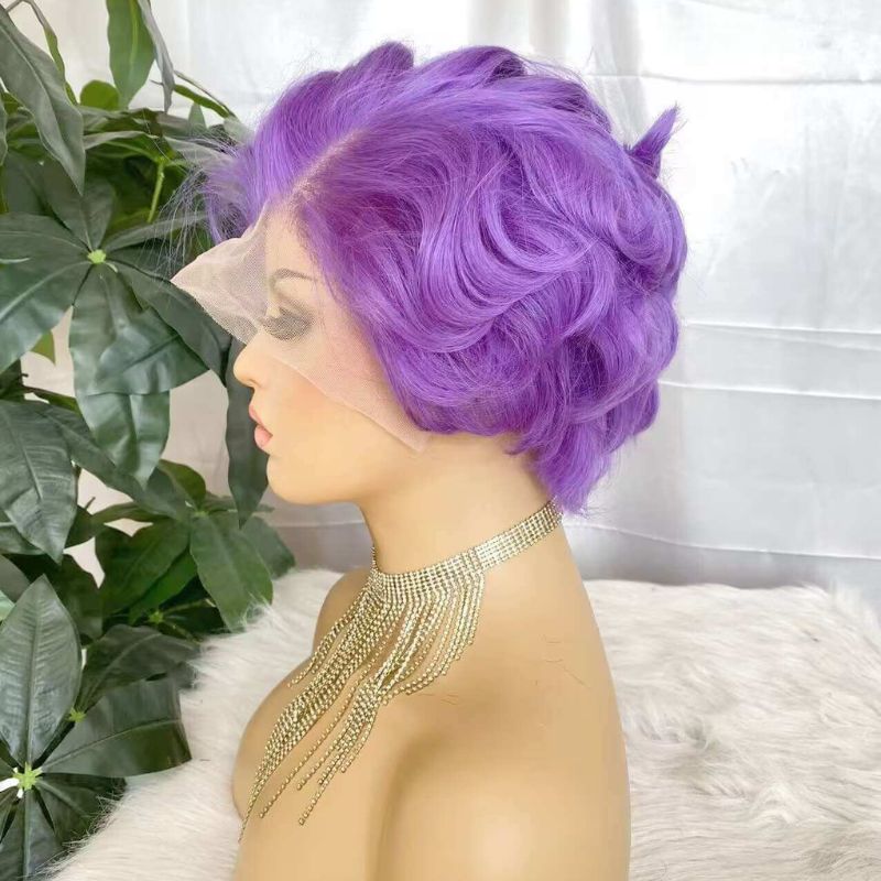 Purple Pixie Cut Lace Wig Human Hair 13x4 Lace Frontal Curly Wig for African American