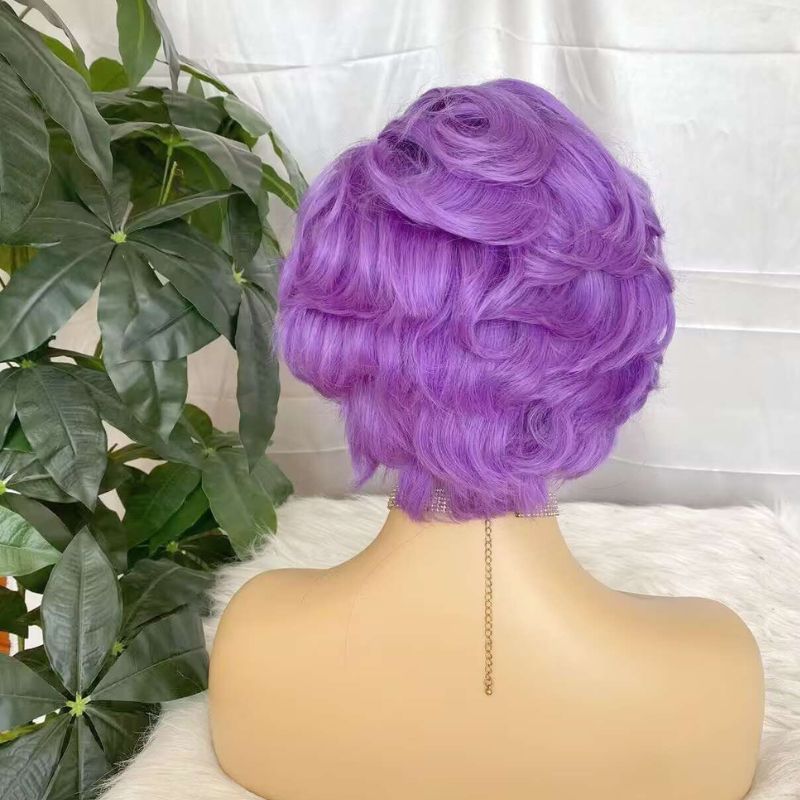 Purple Pixie Cut Lace Wig Human Hair 13x4 Lace Frontal Curly Wig for African American