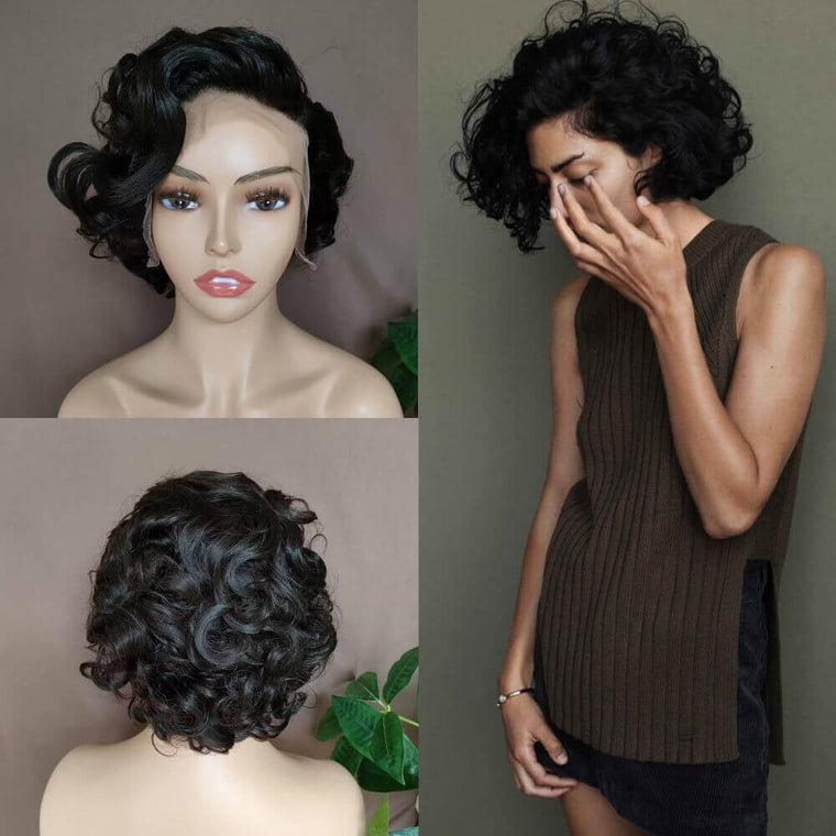 Short Black Wave Human Hair Wig Lace Frontal Pixie Cut Wig