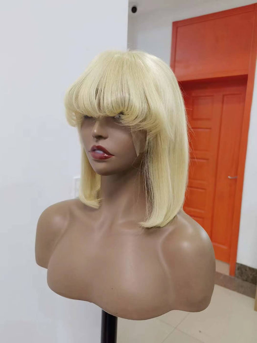 Short Blonde Human Hair Bob Wig with Bangs Lace Frontal for African American-3