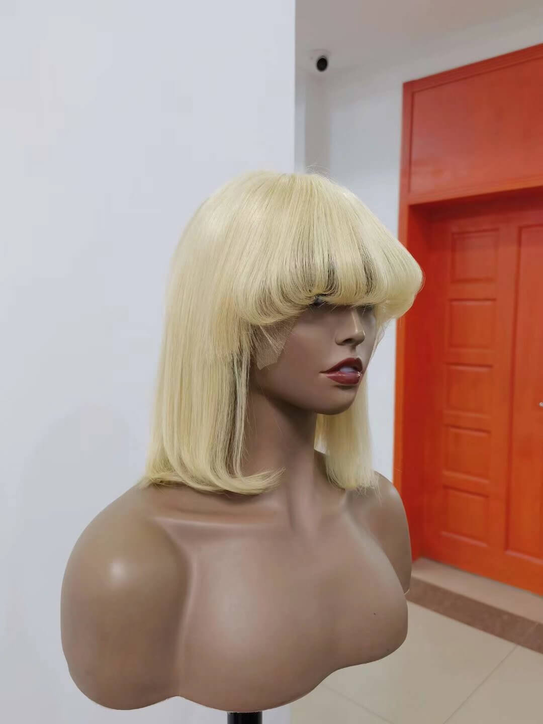 Short Blonde Human Hair Bob Wig with Bangs Lace Frontal for African American-4