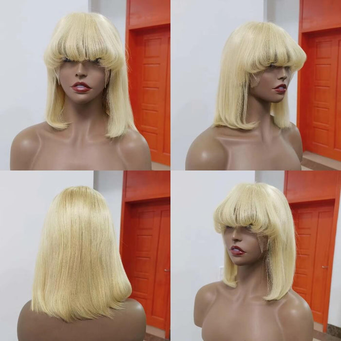 Short Blonde Human Hair Bob Wig with Bangs Lace Frontal for African American-2