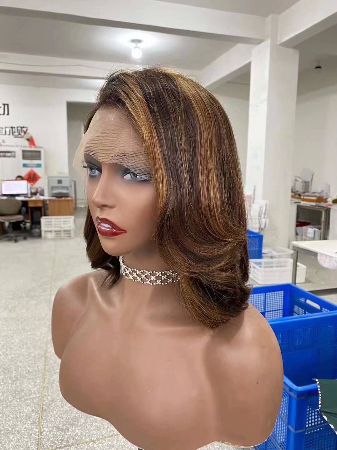 Brown Highlight Human Hair Lace Wig Wavy Middle Length for African American-2