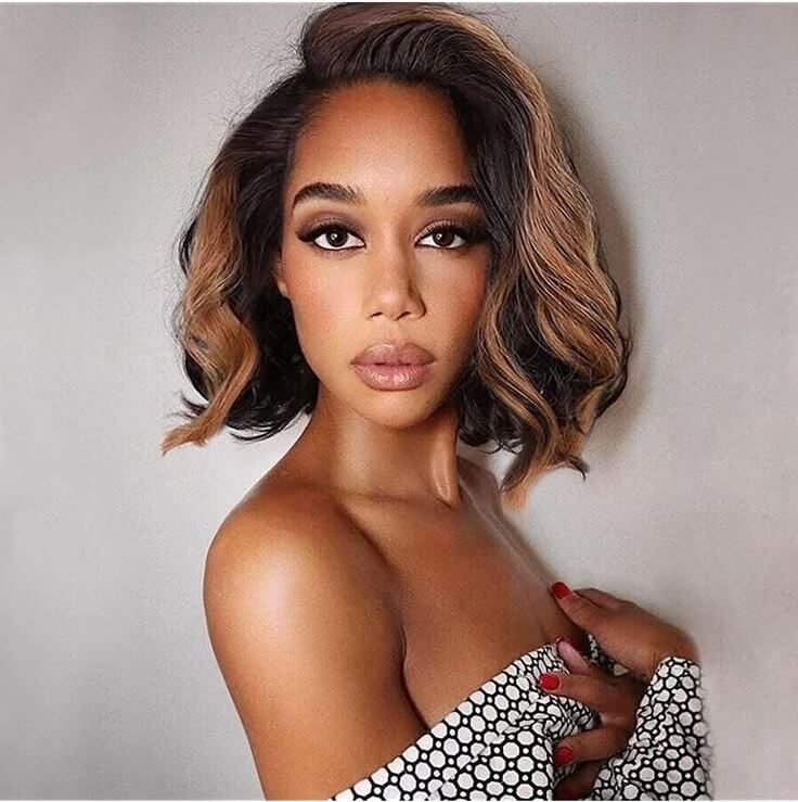 Brown Highlight Human Hair Lace Wig Wavy Middle Length for African American-model