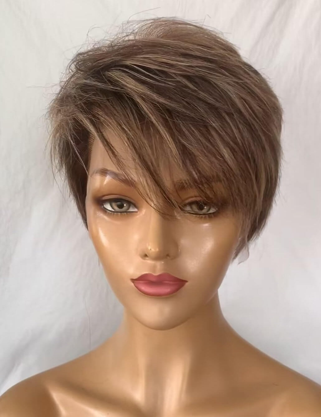 short brown mix color straight pixie cut lace wig