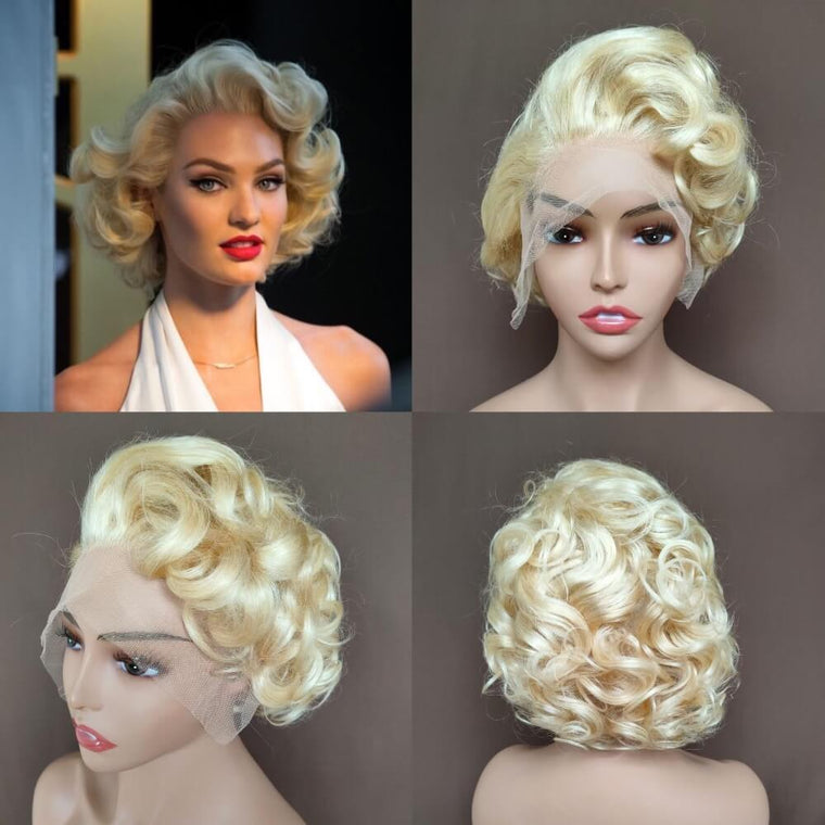 Side Part Curly Pixie Cut Wig Blonde Brazilian Hair for African American