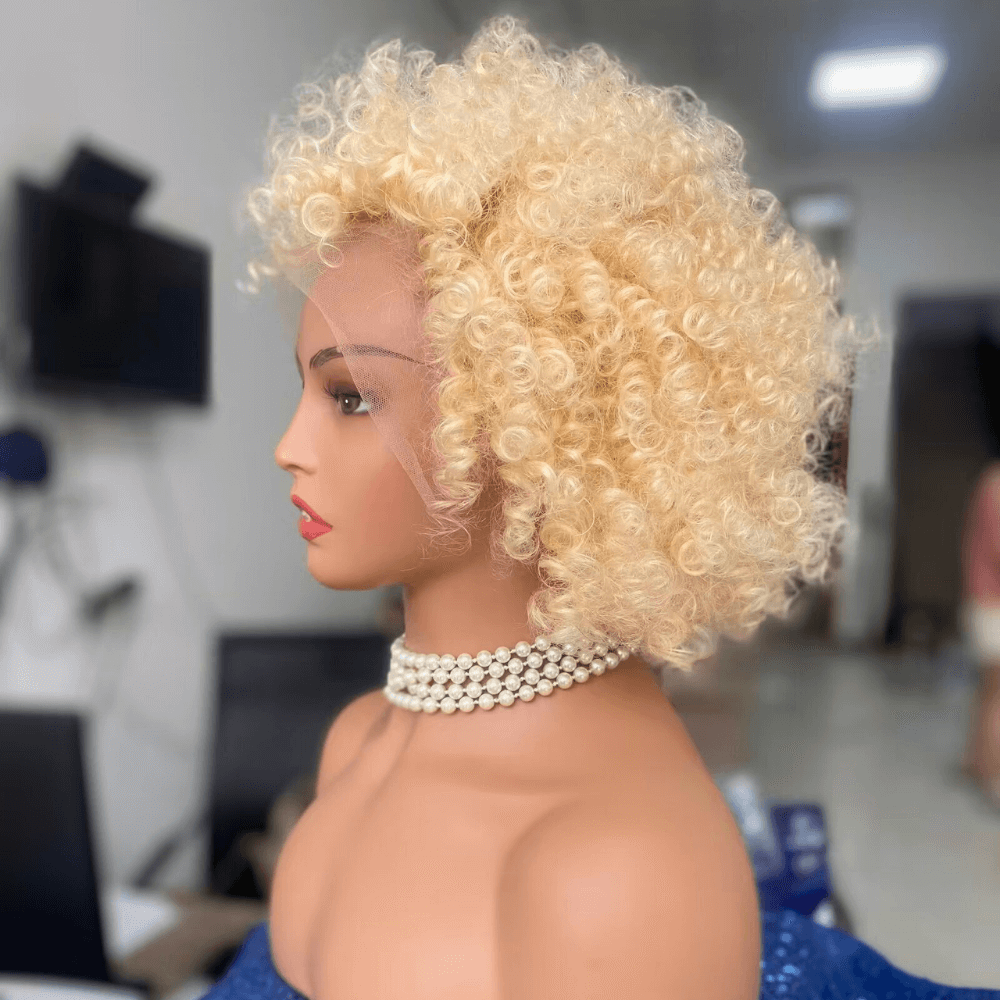 Short Blonde Afro Kinky Wig Lace Frontal Brazilian Hair for Black Women -4