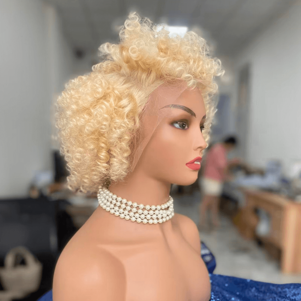 Short Blonde Afro Kinky Wig Lace Frontal Brazilian Hair for Black Women -5