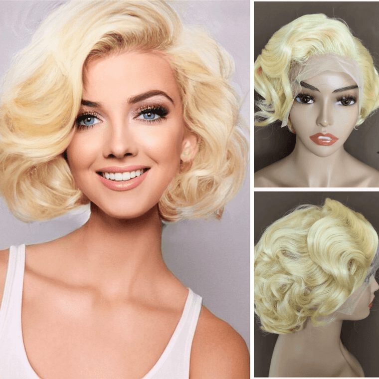 Curly Blonde Pixie Cut Lace Wig with Side Part Bangs Human Hair