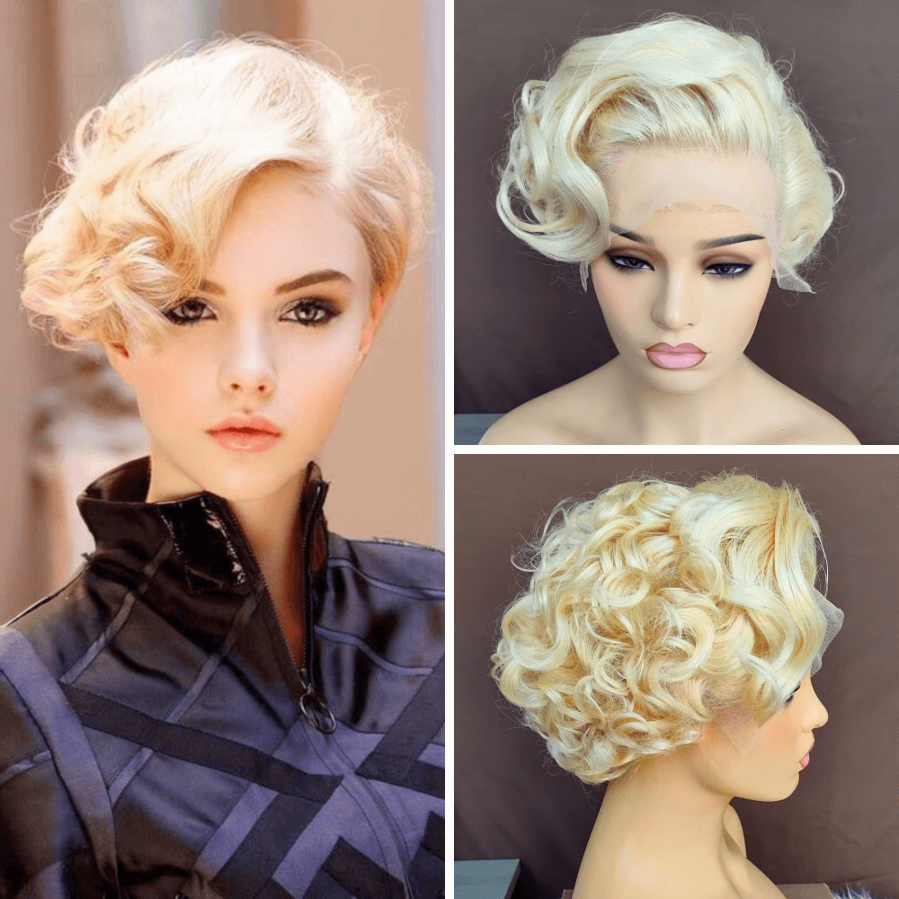 Blonde Pixie Cut Lace Frontal Curly Wig with Side Part Bangs Brazilian Hair-main
