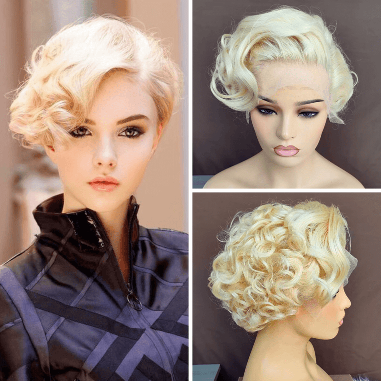 Blonde Pixie Cut Lace Frontal Curly Wig with Side Part Bangs Brazilian Hair