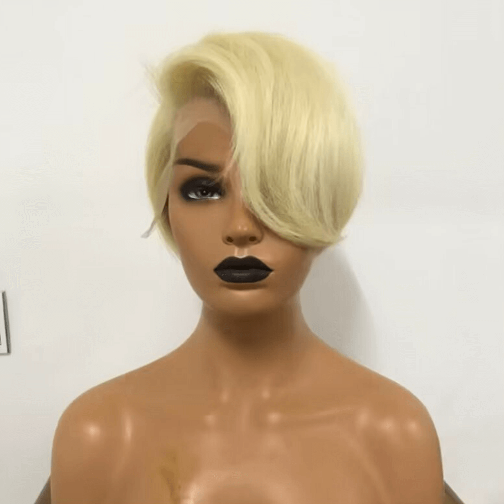 Straight Pixie Cut Blonde Lace Wig with Side Part Bangs Human Hair-2