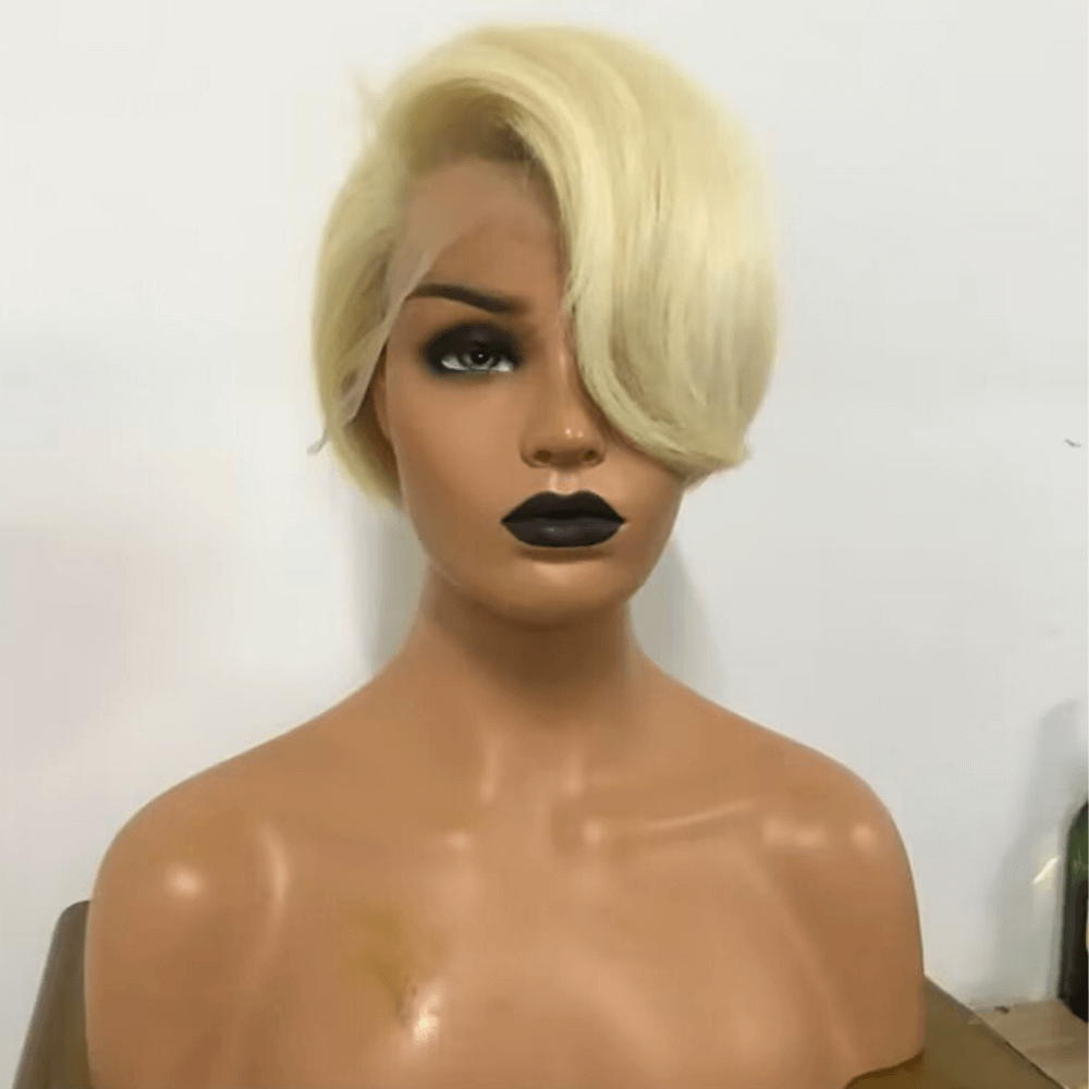 Straight Pixie Cut Blonde Lace Wig with Side Part Bangs Human Hair-3