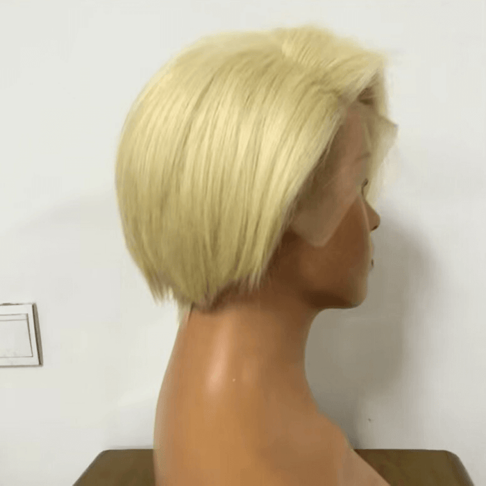 Straight Pixie Cut Blonde Lace Wig with Side Part Bangs Human Hair-4