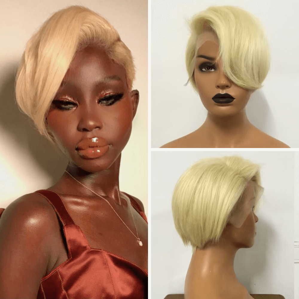 Straight Pixie Cut Blonde Lace Wig with Side Part Bangs Human Hair-main
