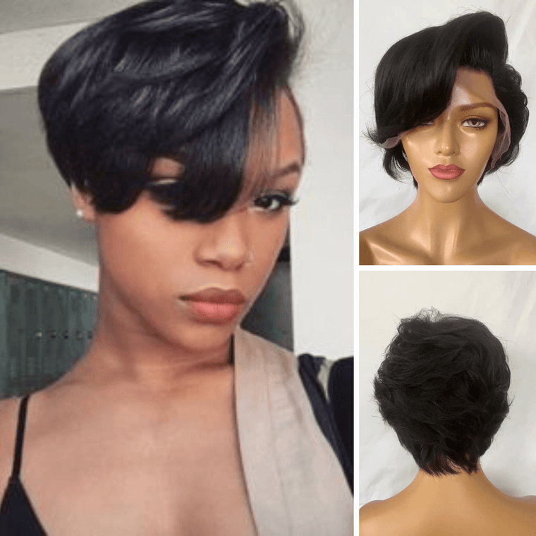 Black Pixie Cut Human Hair Lace Wig Wavy with Side Part Bangs