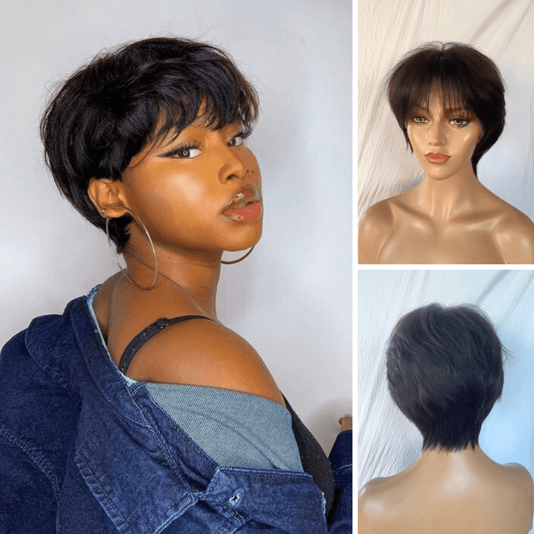 Pixie Cut Wig with Bangs 100% Human Hair Lace Front for African American