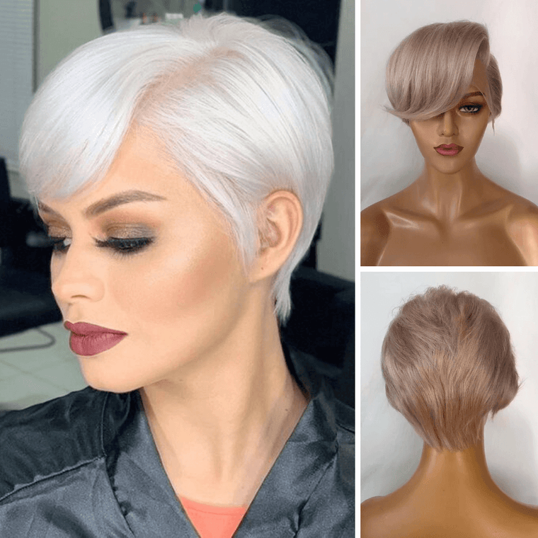 Grey  Human Hair Pixie Cut Lace Frontal Wig with Bangs for African American