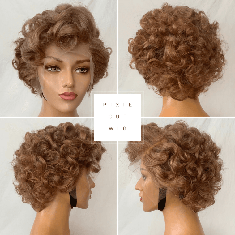 Light Brown Wavy Pixie Cut Lace Wig Brazilian Hair for African American