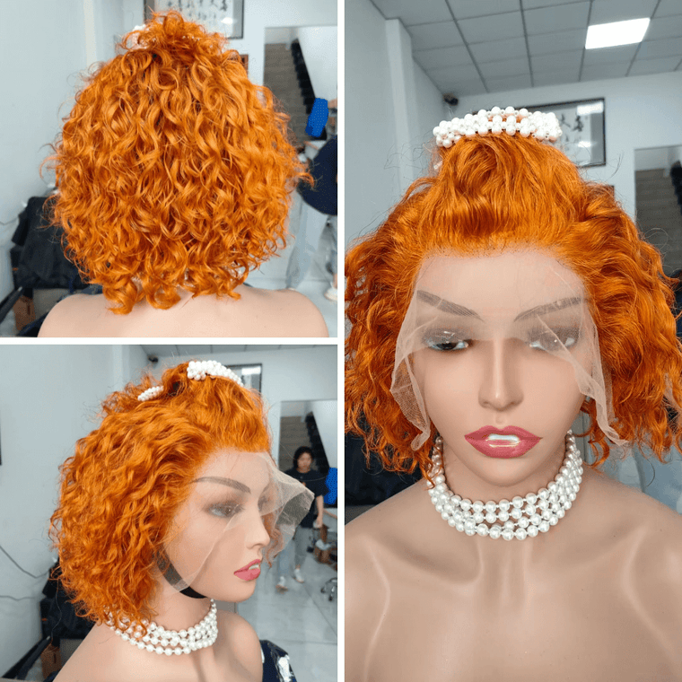 Orange Color Curly Bob Human Hair Lace Wig 13x4 for African American